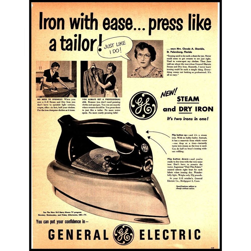 1951 GE General Electric Steam Iron Vintage Print Ad Housewife Wall Art Photo